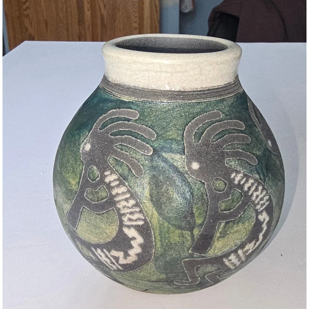 Vintage 2003 Studio Pottery Kokopelli Vase Green Blue Southwest Decor Ben Diller